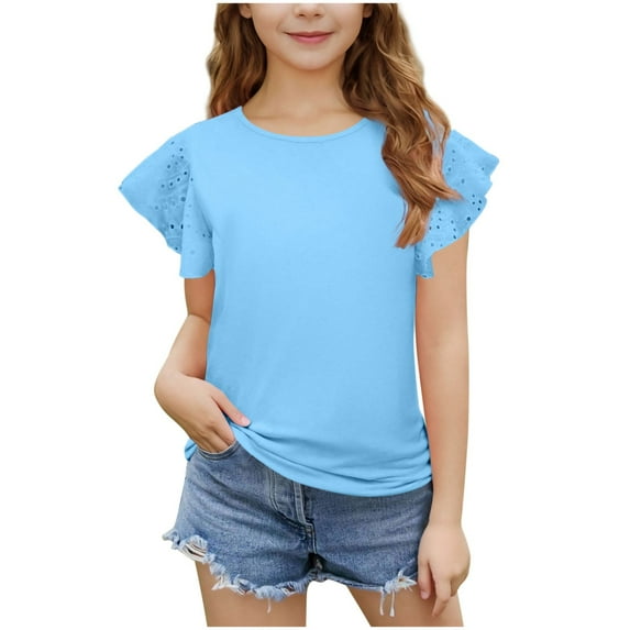 Kids Cotton Short Sleeve T Shirts Tops New Girls Ruffle Sleeve Shirts Children Fashion Summer Crewneck Eyelet Tee Tops Casual Cute Blouse Sky Blue 7 Years