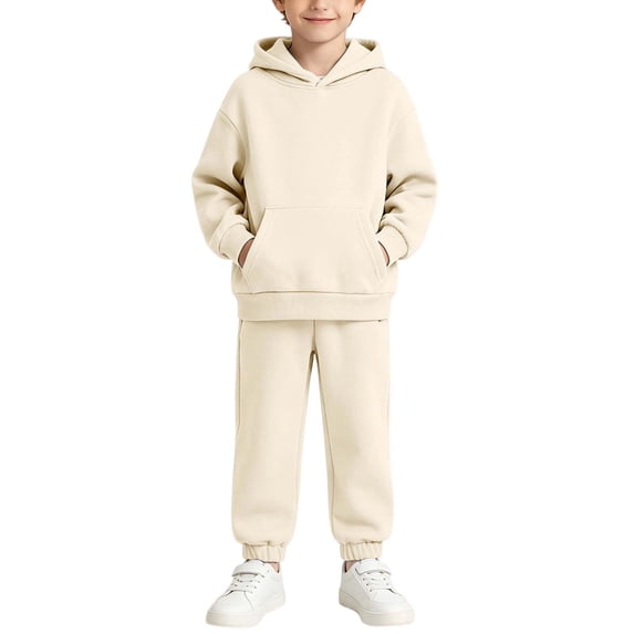 Kids Cotton Sweatsuits Girls Boys Fleece Lined Winter Outfits 2 Piece Sets Hoodies Joggers Sweatpants with Pockets Beige, Size 3-4 Y