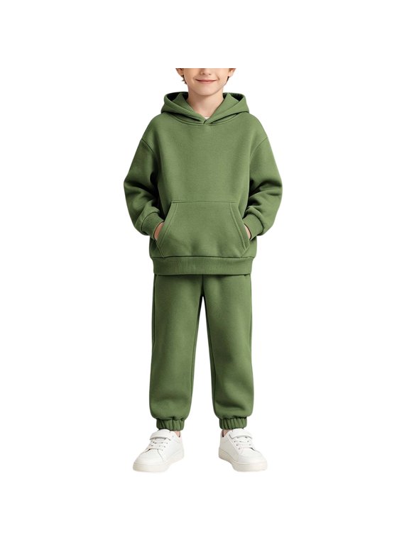 Kids Cotton Sweatsuits Girls Boys Fleece Lined Winter Outfits 2 Piece Sets Hoodies Joggers Sweatpants with Pockets Green, Size 3-4 Y