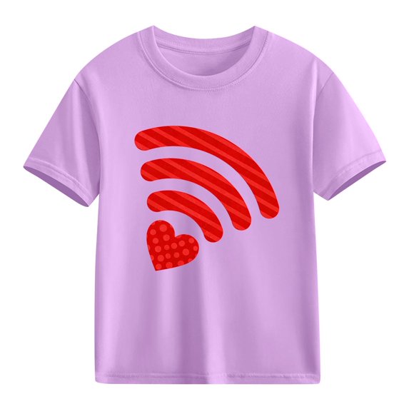 Kids' Cotton T-Shirt for Girls | Cute Purple Short Sleeve Graphic Tee with WiFi Heart | Soft Casual Valentine's Day Top,Size 7 T