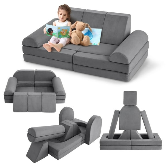 Kids Couch,10 Pcs Modular Kids Play Couch, Soft Foam Toddler Couch with Ball Pit for Boys Girls, Convertible Child Sectional Sofa for Bedroom, Playroom, Imaginative Furniture Play Set, Gray