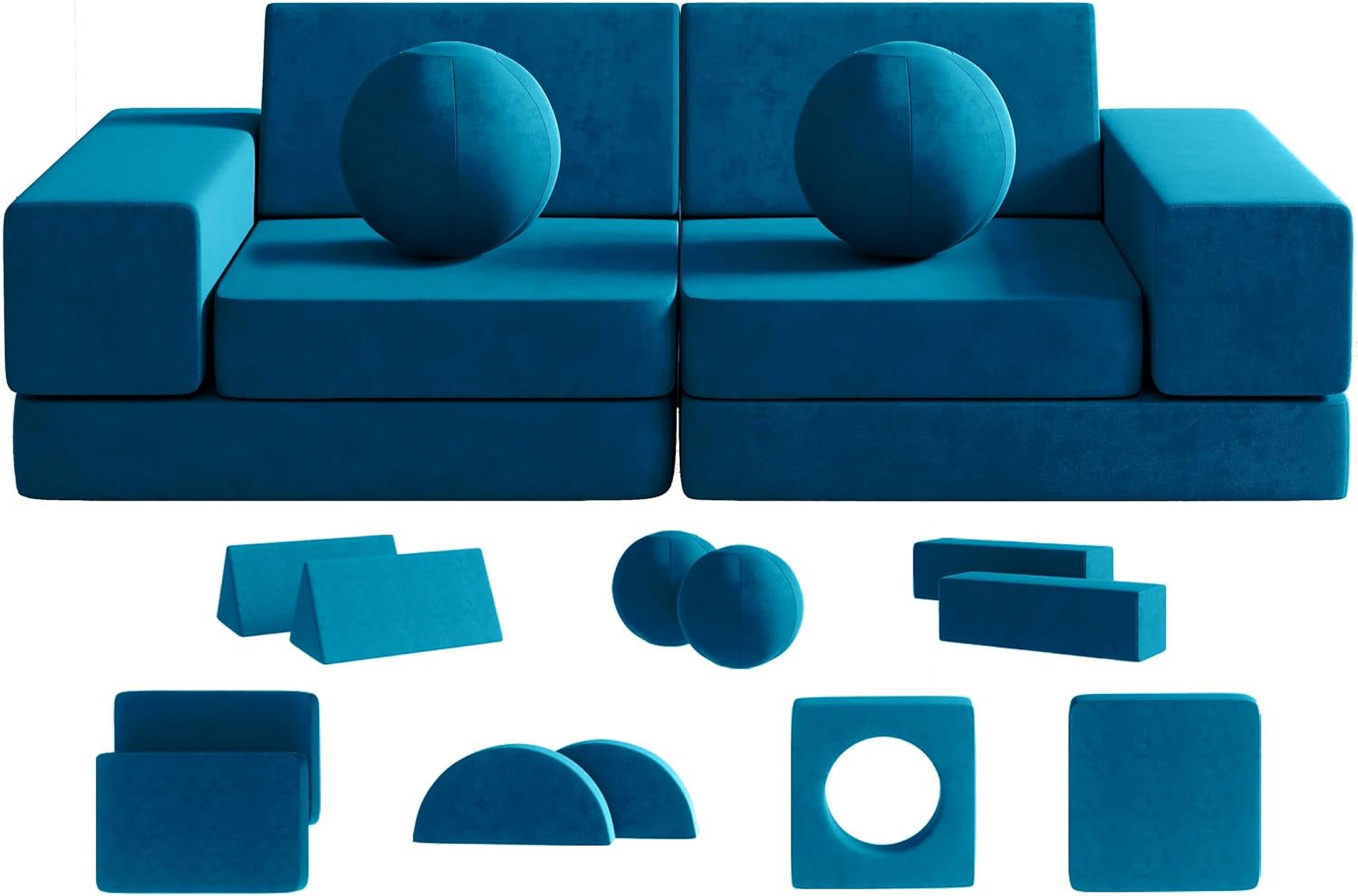 Kids Couch, 12PCS Fold Out Toddler Couch with 2 Balls and Tunnel, Modular Kids Couch for Playroom, Kids Play Couch for Kickball Game, Pitching Game, Over 30 Creative Gameplay Couch for Kids (Blue)