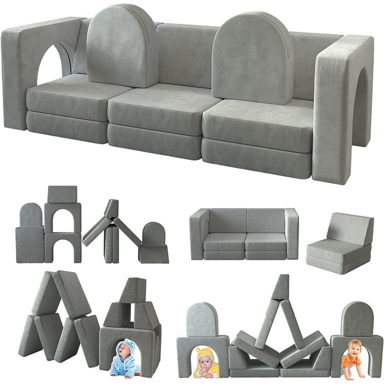 Kids Couch Linor Modular Dutch Kid for Toddler Playroom, 12PCS, Couch, Grey Couch Velvet Multifunctional