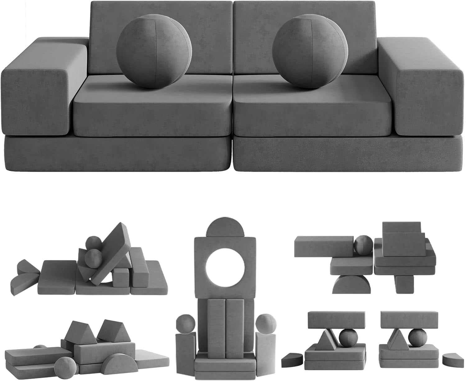 Kids Couch, 12PCS Toddler Couch with 2 Balls and Tunnel, Modular Kids Couch for Playroom, Kids Play Couch for Kickball Game, 30+ Creative Gameplay Couch for Kids (Darkgray)