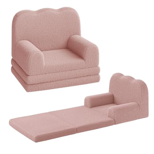 Kids Couch, 2-in-1 Convertible Teddy Fleece Fabric Toddler Sofa Chair, Soft Fold Out Couch Lounger for Kids, Comfy Children's Sofa Bed for Playroom, Nursery, Birthday Gift, Pink