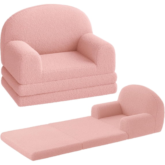 Kids Couch, 2-in-1 Convertible Teddy Fleece Fabric Toddler Sofa Chair, Soft Fold Out Couch Lounger for Kids, Comfy Children's Sofa Bed for Playroom, Nursery, Birthday Gift (Pink Moon)