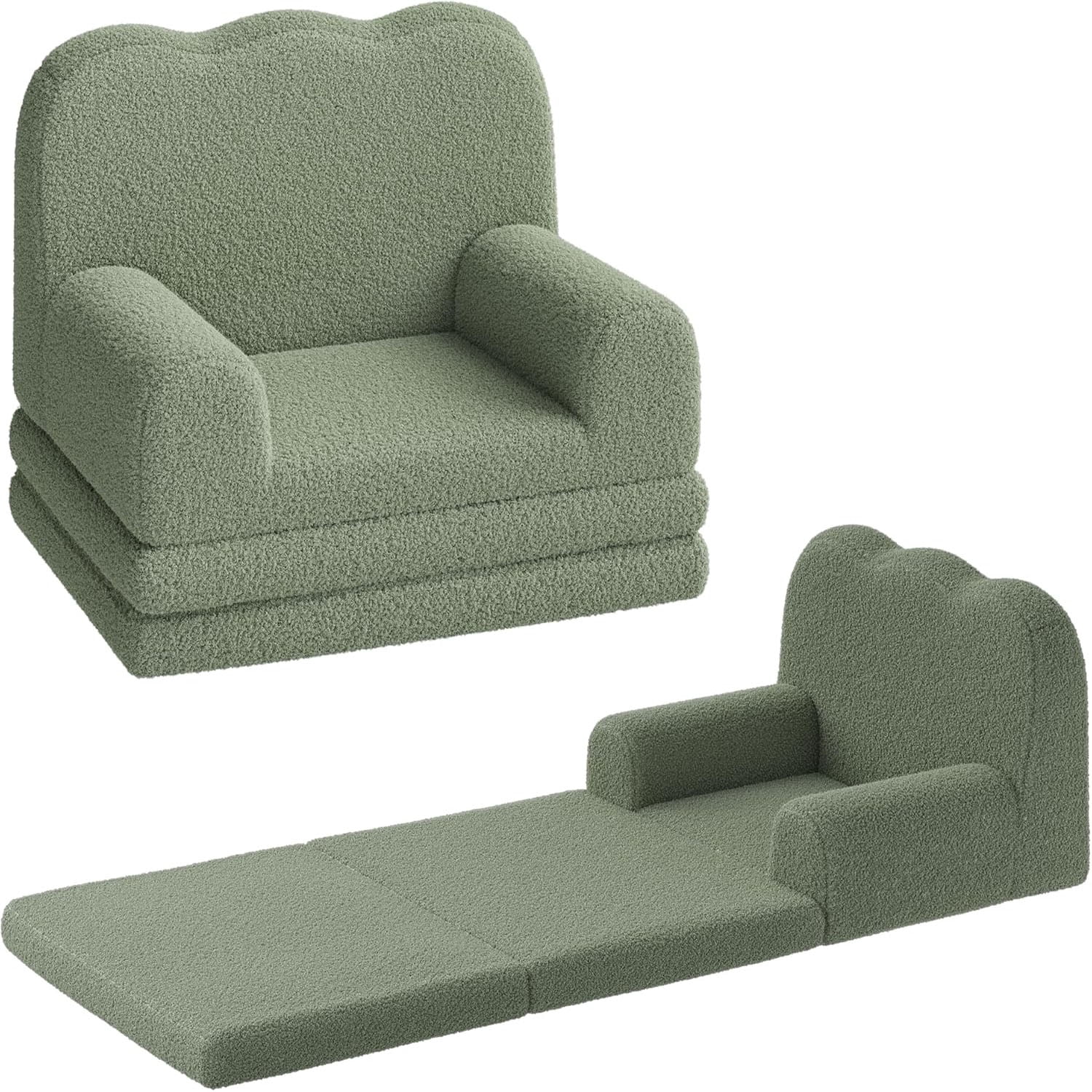 Kids Couch, 2-in-1 Convertible Teddy Fleece Fabric Toddler Sofa Chair, Soft Fold Out Couch Lounger for Kids, Comfy Children's Sofa Bed for Playroom, Nursery, Birthday Gift Comfy Toddler Chair & Lounge