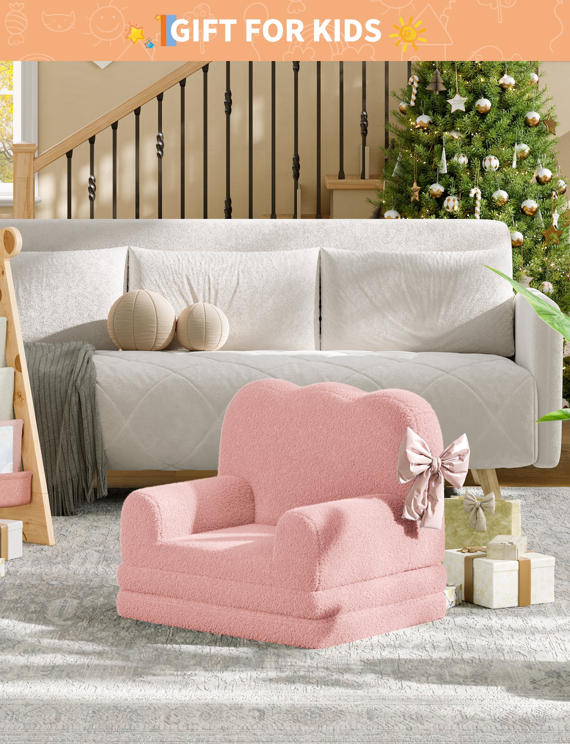 Kids Couch, 2-in-1 Convertible Teddy Fleece Fabric Toddler Sofa Chair, Soft Fold Out Couch Lounger, Comfy Children's Sofa Bed for Nursery Gift