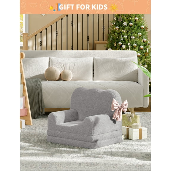 Kids Couch, 2-in-1 Convertible Teddy Fleece Fabric Toddler Sofa Chair, Soft Fold Out Couch Lounger, Comfy Children's Sofa Bed for Nursery Gift