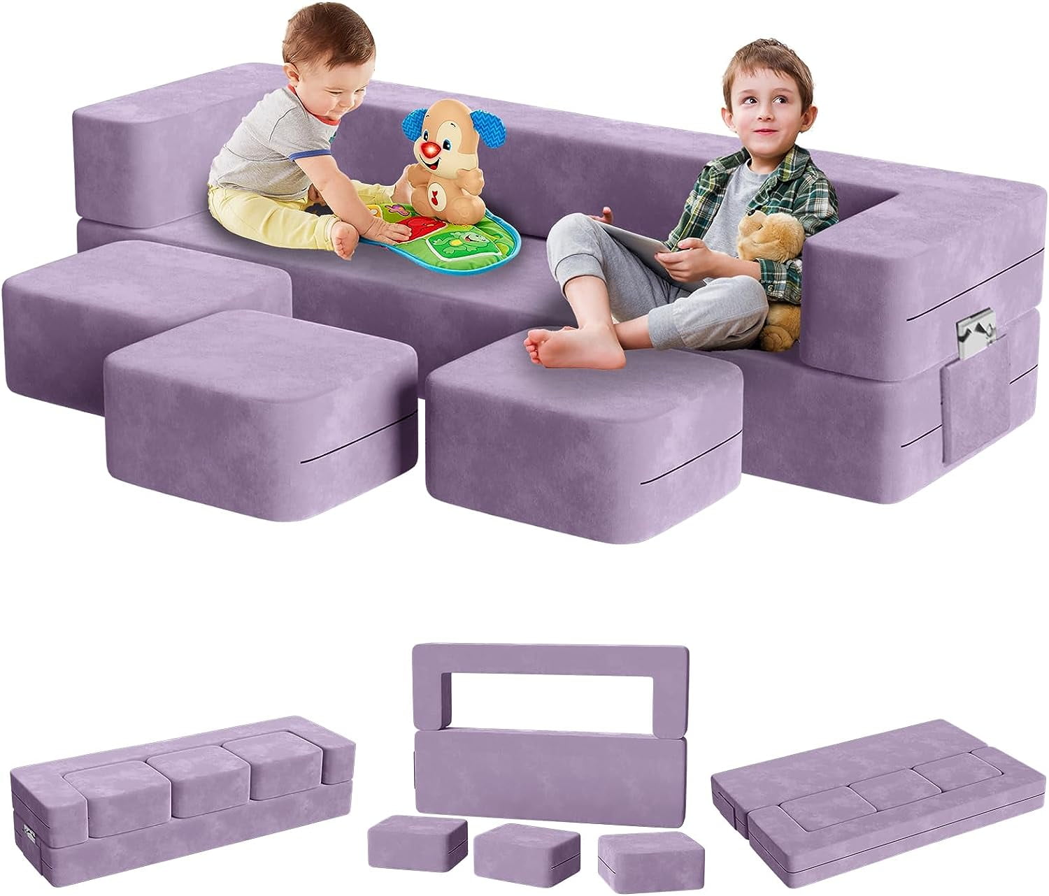 Kids Couch with 3 Ottomans, Wanan Toddler Couch for Playroom Bedroom, 5