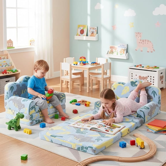 Kids Couch, 3-in-1 Comfy Toddler Sofa Soft Lounger Chair for Bedroom, Convertible Toddler Couch for Playroom, Girls and Boys, Reading Chair for Kids Green Dinosaur