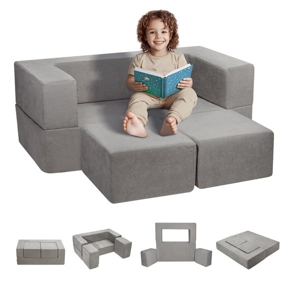 Kids Couch, 4Pcs Modular Kids Play Couch, Toddler Couch Sofa Bed, Kids Chair Seat Playroom Furniture, Child Sectional Sofa with Removable Cover for Kids Girls & Boys, Grey