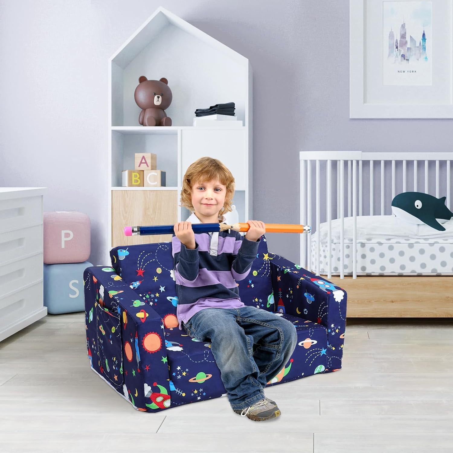 Kids Couch Convertible Sofa to Lounger for Toddler Boy, Foldable 2-in-1 Kids Sofa Bed, Toddler Chairs  for Bedroom Playroom, Blue Rocket