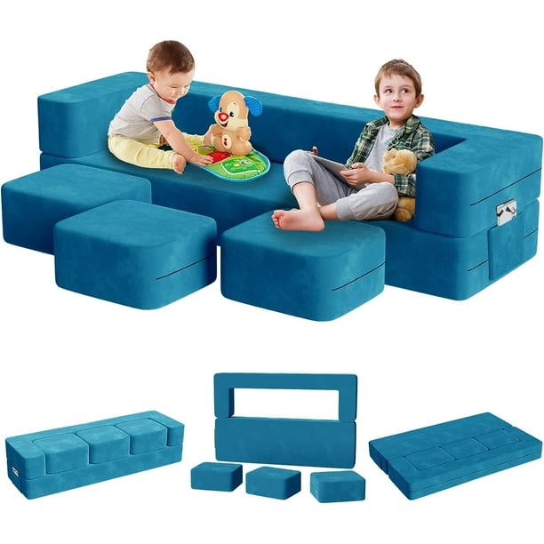 Kids Couch, Linor Extra Large Toddler Couch with 3 Ottomans, 5 in 1