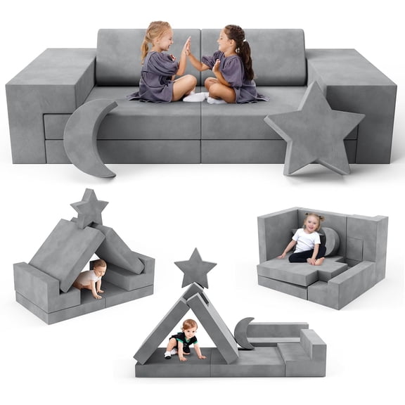 Kids Couch, Modular Kids Play Couch, Child Sofa for Girls Boys, Toddler Sectional Sofa with Building Fort, Convertible Foam Playhouse for Baby Indoor Outdoor (9, Grey)