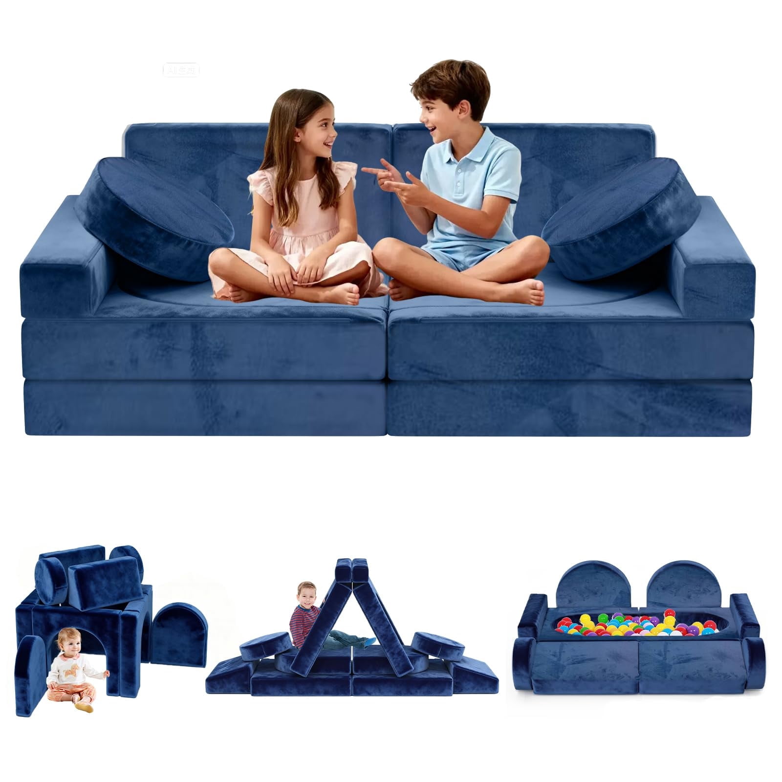 Modular Kids Play Couch, 12Pcs Kids Sofa for Playroom Bedroom Living Rooms Toddler Sofa for Inspiring Child Creativity, Children Creative Convertible Foam Sofa, Blue