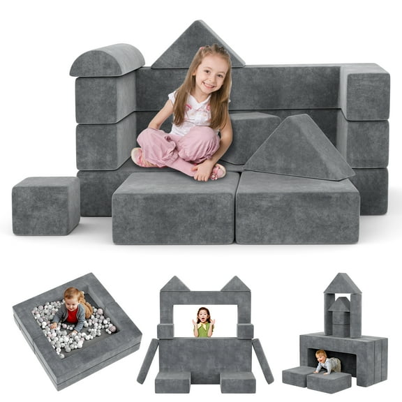 Kids Couch Sofa 12PCS, Convertible Toddler Couch, Modular Kids Play Couch, Floor Sectional Couch, Kids Buildable Couch for Playing, Reading, Sleeping, DIY Creativing Playroom Furniture, Grey