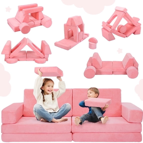 14Pcs Modular Kids Play Couch, Caveen Toddler Sofa for Playroom, Baby Furniture for Girls, Pink