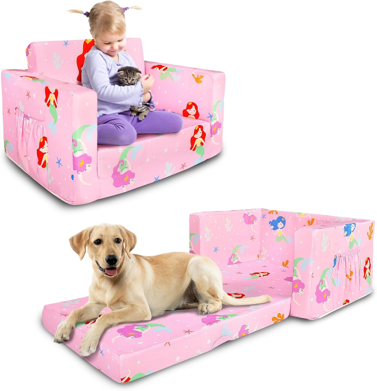 Kids Couch Super Soft Toddler Sofa Bed Fold Out for Girls and Boys