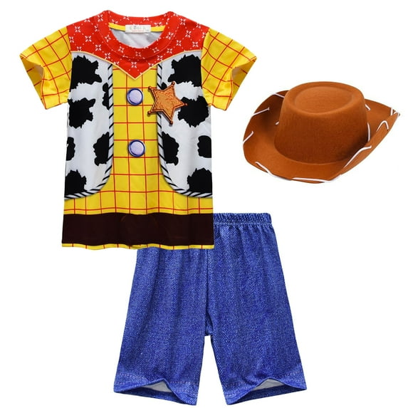 Kids Cow Boy Outfits Set T-shirt Short Pants Hat Halloween Birthday Dress Up