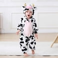 thumbnail image 1 of Kids Cow Costume Jumpsuit, Flannel Hooded One Piece with Cow Spots and Belly Detail for Dress Up and Birthday Photos | TruHer,Black 19-24 Months, 1 of 8