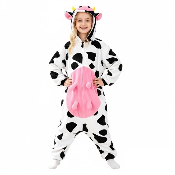 Kids Cow Unisex Cozy Long Sleeve Hooded Zip up Jumpsuit Animal Halloween for Boys Size 1-12 years