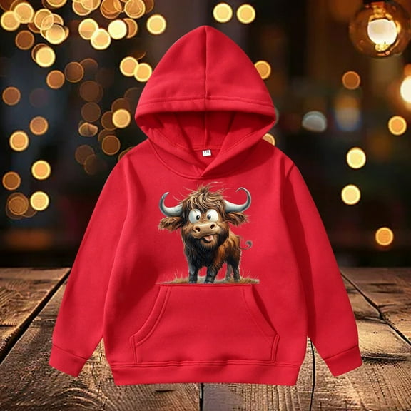 Kids Cow Pullover Hoodie Graphic Print Sweatshirt with Pocket for Boys Girls Outdoor Play Casual Wear(Red1,6-8Years)