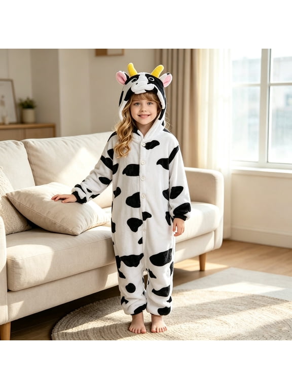 Kids Cow Themed Fuzzy Romper Halloween Outfit (Black)
