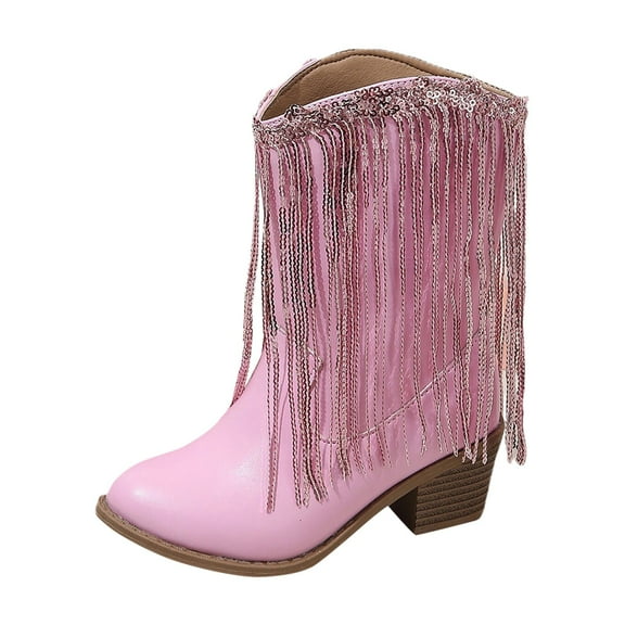 Kids Cowboy Boots Tassel Mid Calf Cowgirl Boots For Girls Unisex Little Big Kids Western Riding Shoes Pink 8-9 Years