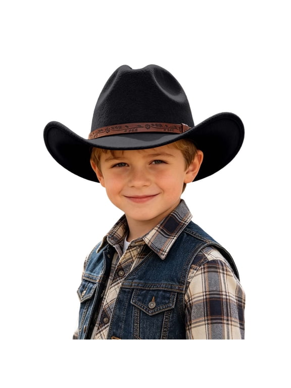 Kids Cowboy Felt Hat Outdoor Riding Wide Brim Western Style Hat Riding Trail Hat 6-12 Years