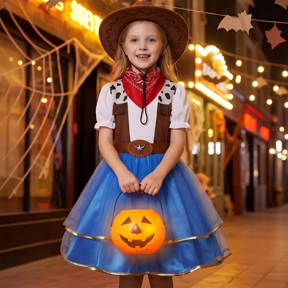 Kids Cowgirl Costume Western Rodeo Outfit with Hat Bandana Fringe Vest Halloween Cosplay Party Dress Up Girl 2-8Y