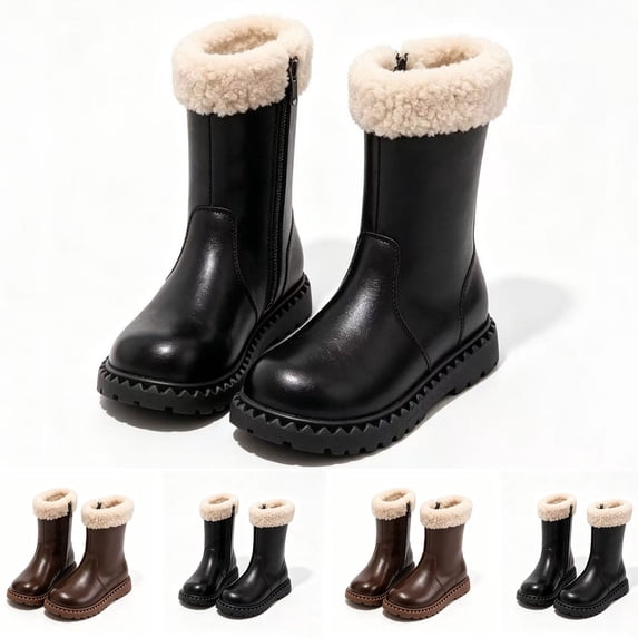 Kids Cozy Fleece Trim Mid‑calf Boots, Winter Warm Side Zip‑up Leather Boots