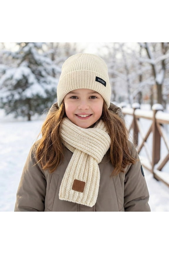 Kids Cozy Unisex Winter Beanie Hat and Scarf Set – Thick, Soft Knit for Warmth, Beige