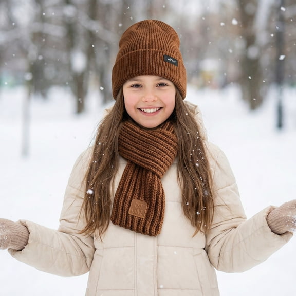 Kids Cozy Unisex Winter Beanie Hat and Scarf Set – Thick, Soft Knit for Warmth, Brown