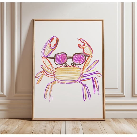 Kids Crab Drawing Colourful Animal Sketch Fun Beach Wall Decor Unframed Paper Print