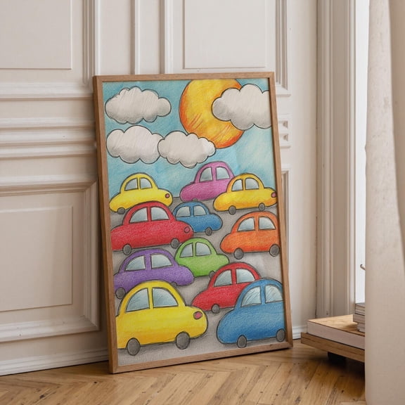 Kids Crayon Car Drawing Colorful Nursery Playroom Poster Unframed Paper Print