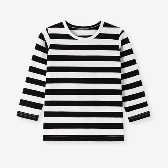 Kids' Crew Neck Striped Long Sleeve Top, Classic Stripe Pattern, Soft Comfort Fabric, Relaxed Fit, Little Kids Daily Basic Outfit 1‑9 Years, Striped Top Black 8-9 Years
