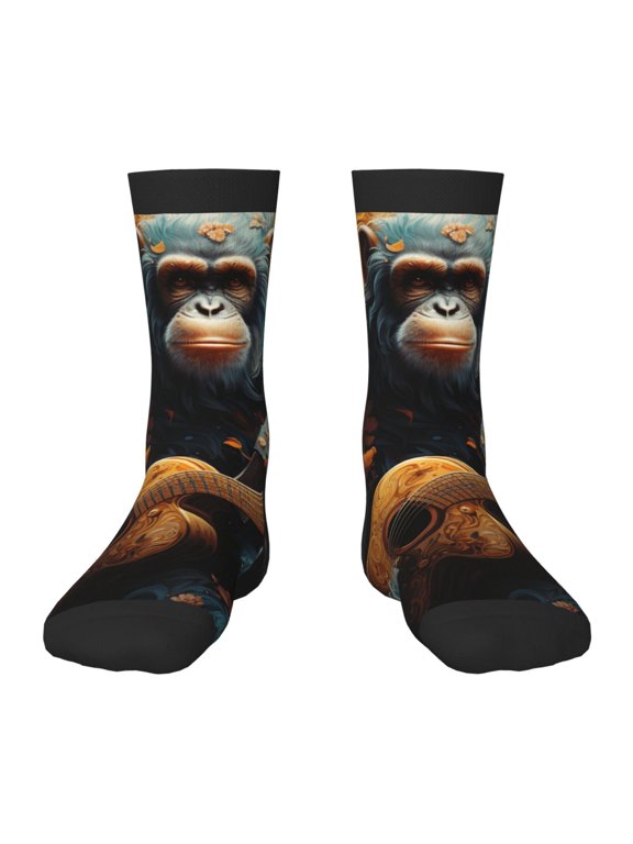 Kids Crew Socks Novelty Casual Funny Socks for 6-10 Years Old , Monkey Playing Guitar Art