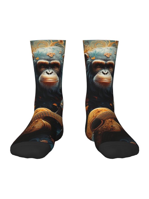 Kids Crew Socks Novelty Casual Funny Socks for 6-10 Years Old , Monkey Playing Guitar Art