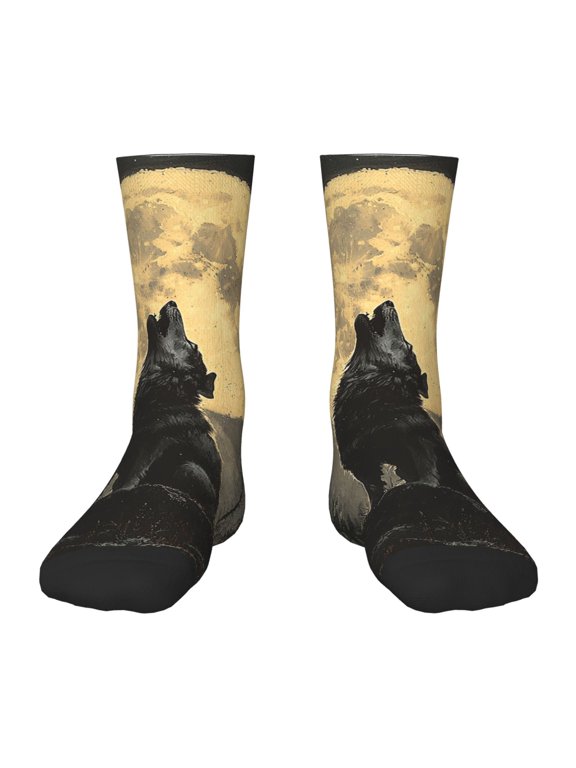 Kids Crew Socks Novelty Casual Funny Socks for 6-10 Years Old , Wolf Howling Vintage Moon Night