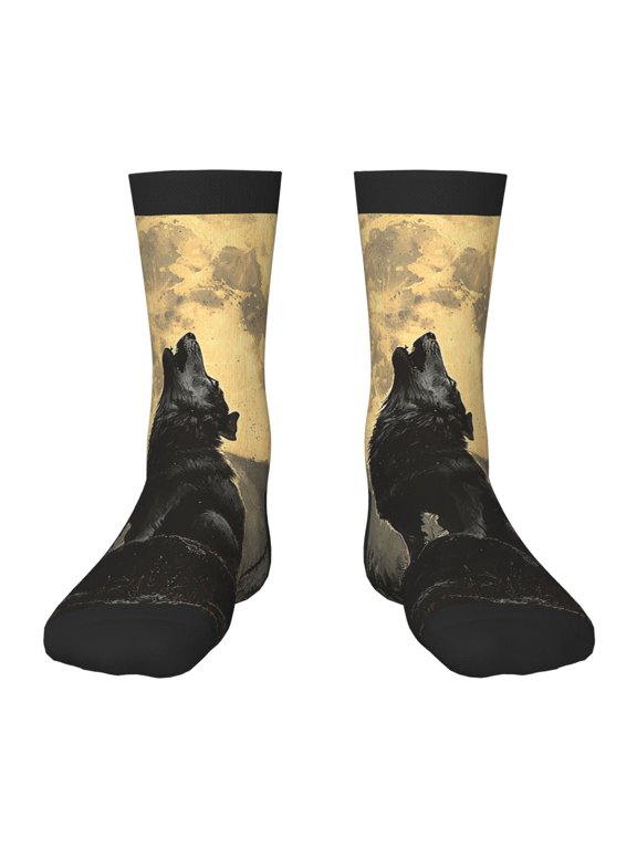 Kids Crew Socks Novelty Casual Funny Socks for 6-10 Years Old , Wolf Howling Vintage Moon Night