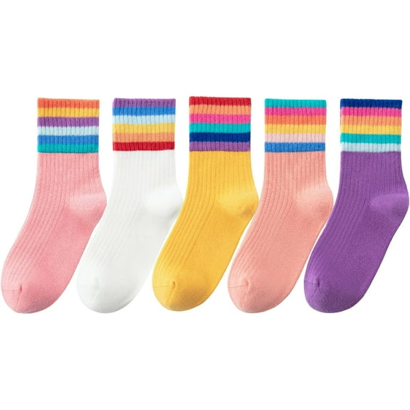 Kids Crew Socks Seamless Boys Girls Rainbow Stripes Socks Cotton Athletic Socks Unisex Cute Fun Boot Socks 5 Pairs