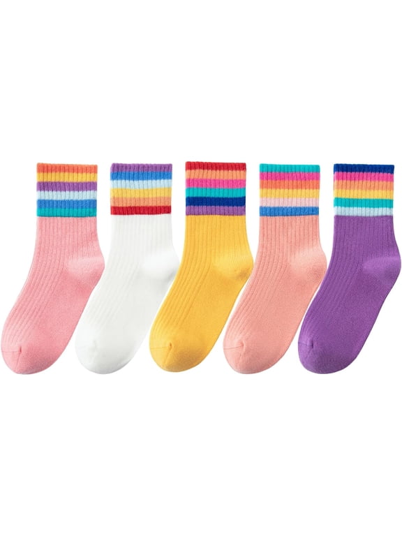 Kids Crew Socks Seamless Boys Girls Rainbow Stripes Socks Cotton Athletic Socks Unisex Cute Fun Boot Socks 5 Pairs