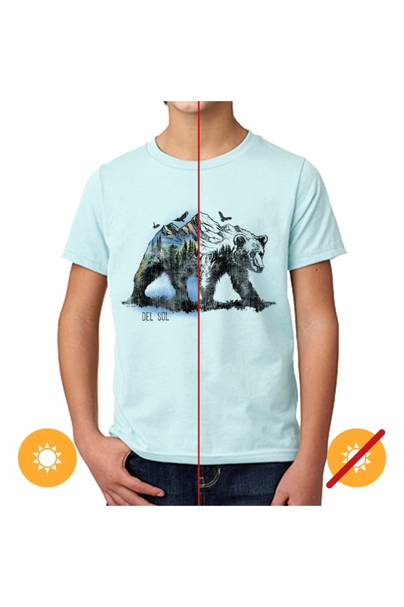 Youth Boys Premium Crew Tee - Bear Scene, Ice Blue T-Shirt - Changes from Black to Vibrant colors in the Sun - 100% Combed, Ring-Spun Cotton, Relaxed Fit
