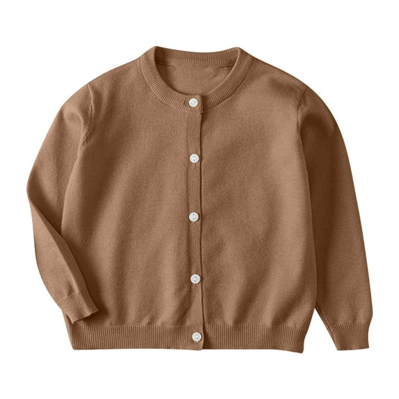 Kids Crewneck Cardigan, Boys Girls Solid Color Long Sleeve Button Sweater Coat, Cotton Uniform Sweaters Cardigans Long Cardigans for Girl Trendy Coffee 2-3Y
