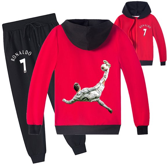 Kids Cristiano Ronaldo Zipper Hooded Jacket Sweatshirt Sweatpants Sets Boys Girls Hoodies Sweatsuit Outfits Clothings