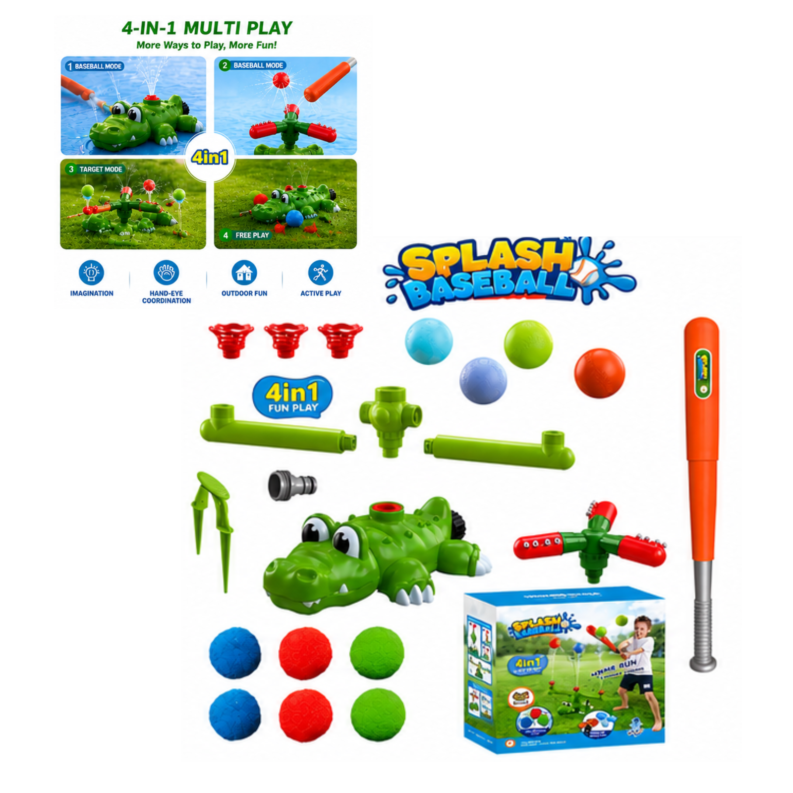Kids Crocodile Water Sprinkler Baseball Playset, 4-in-1 Yard Sprinklers for Kids, Toddler Outdoor Toys, Interactive Backyard Summer Water Games for Toddlers & Kids