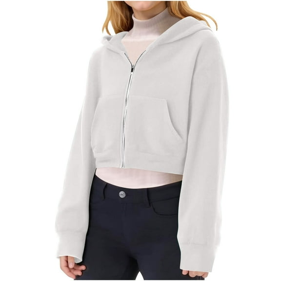 Kids Cropped Hoddies Casual Long Sleeve Full-Zip Sweatshirts Jackets White Hoodie with Pockets Fall Clothes Kids Clothes Girls Size 9-10 Years