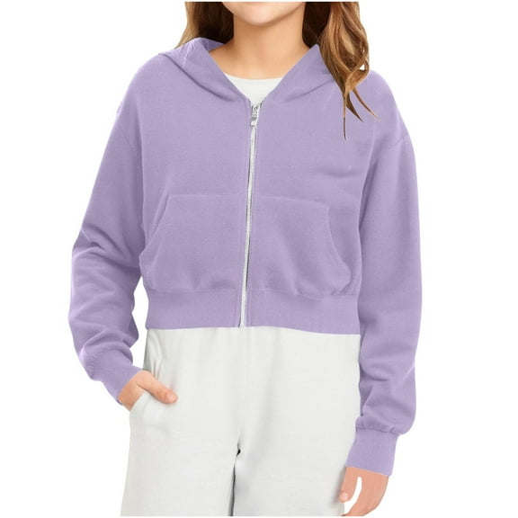 Kids Cropped Hoddies Long Sleeve Full-Zip Sweatshirts Jackets Kids Purple Hoodies with Pockets Warm Fall Winter Clothes Girls Clothes Size 5-6 Years