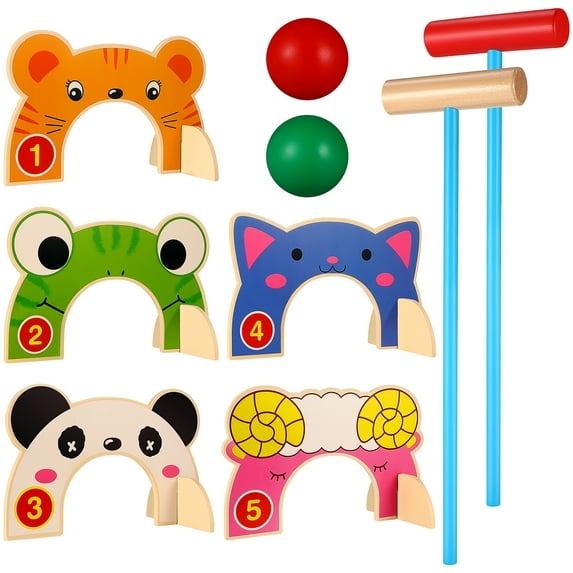 Kids Croquet Set Cartoon Wooden Animal Croquet Toy Set Funny Lawn Games for Boys Girls